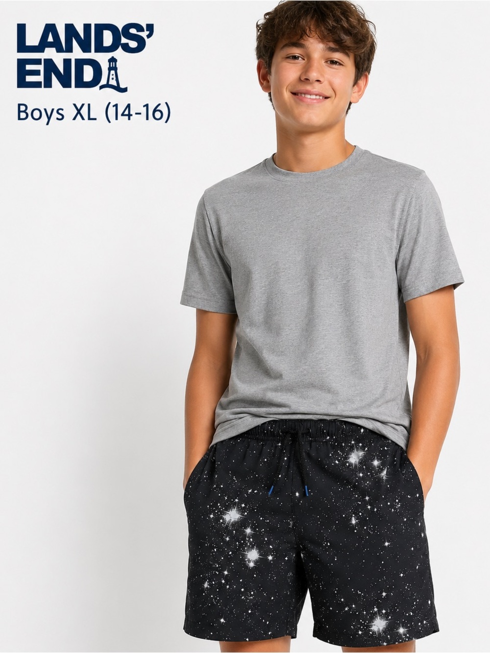 Lands’ End Boys XL Galaxy Print Athletic Shorts Black Drawstring Activewear
